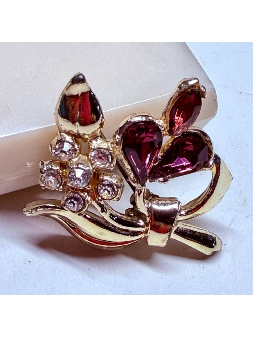 Gold Tone Floral Brooch With Purple And Clear Rhinestones Vintage Jewelry Pin